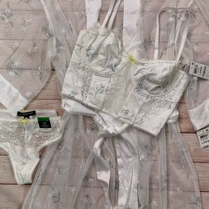 NWT 3 piece Daisy-Embroidered Sheer Robe, panty, bustier bra set